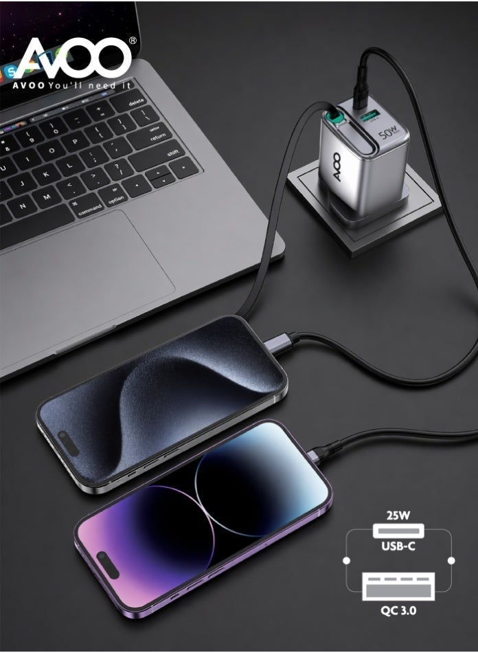 أفو شاحن حائط AVOO سريع بقدرة 50 واط بمنفذي USB وType-C مع كابل سحاب مدمج – شحن ذكي وسريع لجميع الأجهزة - Image 4