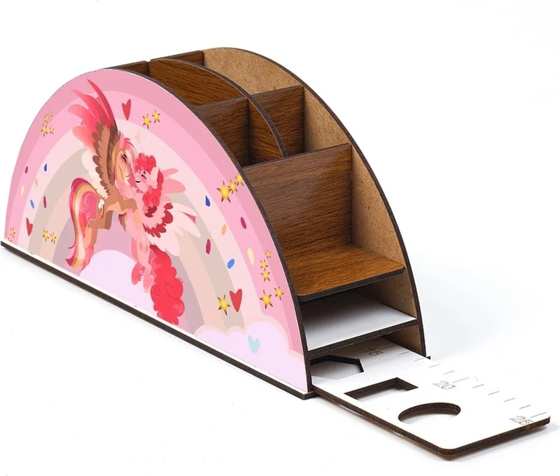 Notpa Wooden Friend Unicorn Rainbow Ruler Desktop Pen Holder Box Organizer For Kids GK52