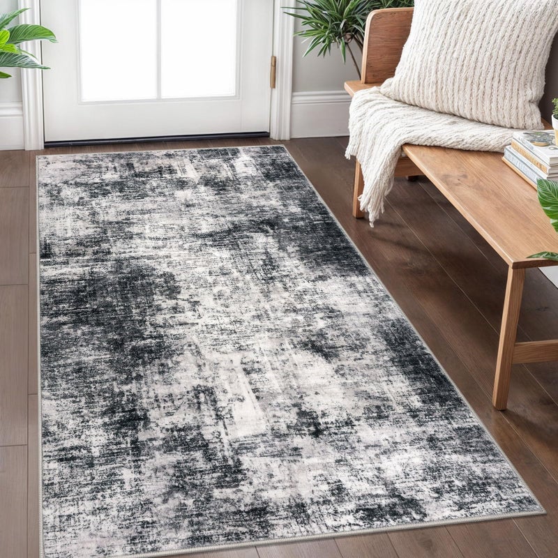 IOHOUZE Abstract Area Rug 3x5 Ft Washable Rugs for Entryway Indoor, Non Slip Kitchen Rug Printed Faux Wool Throw Rugs, Indoor Door Mat for Door Entrance Foyer Living Room, Black Grey - Image 1