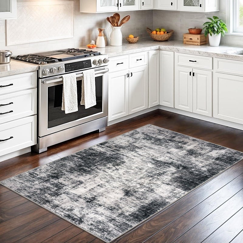 IOHOUZE Abstract Area Rug 3x5 Ft Washable Rugs for Entryway Indoor, Non Slip Kitchen Rug Printed Faux Wool Throw Rugs, Indoor Door Mat for Door Entrance Foyer Living Room, Black Grey - Image 2