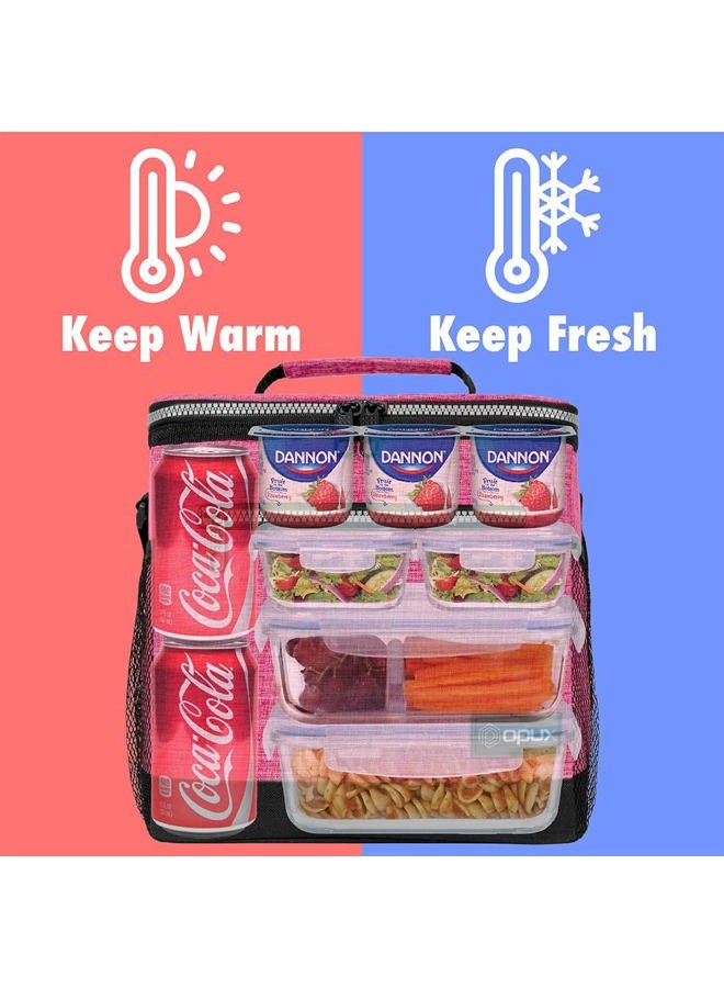 opux Extra Large Insulated Lunch Box Men Women, Lunch Bag for Work, Leakproof Soft Cooler Tote Adult, Lunch Pail, Picnic Beach Collapsible Food Bag with Shoulder Strap, Pink - Image 2