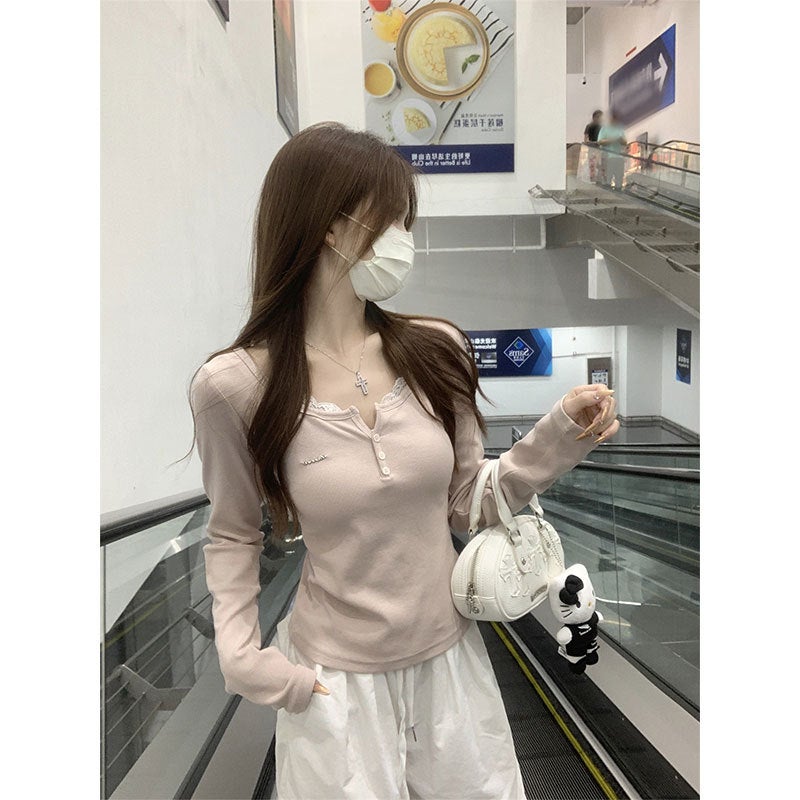 Morning Collar [Original Good Fabric] Pure Wind Lace Shoulder Long Sleeve T-Shirt Women'S Early Autumn New Slim Fit - Image 2