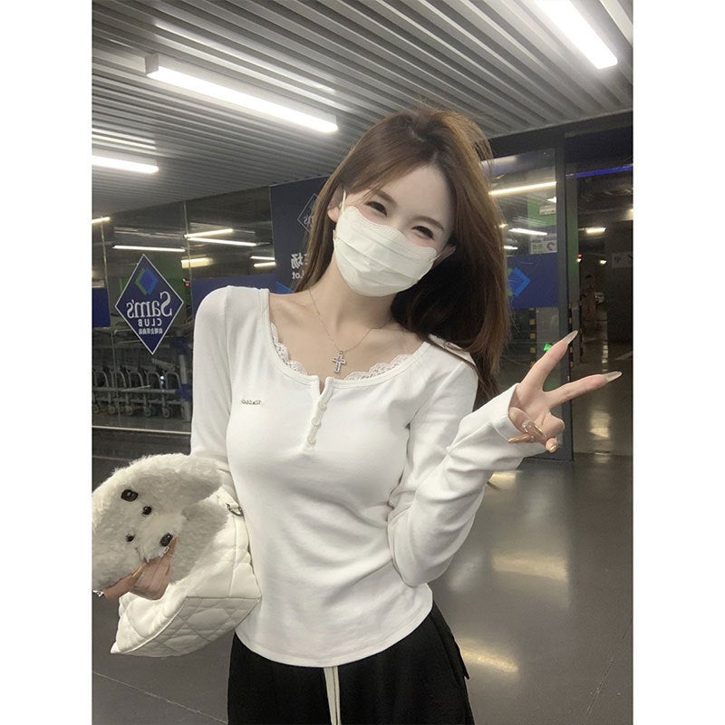 Morning Collar [Original Good Fabric] Pure Wind Lace Shoulder Long Sleeve T-Shirt Women'S Early Autumn New Slim Fit - Image 3