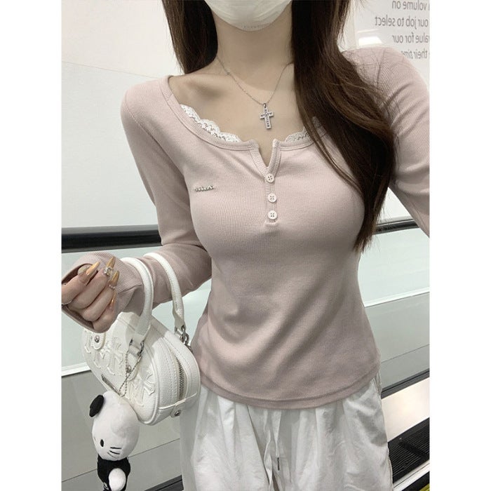 Morning Collar [Original Good Fabric] Pure Wind Lace Shoulder Long Sleeve T-Shirt Women'S Early Autumn New Slim Fit - Image 1