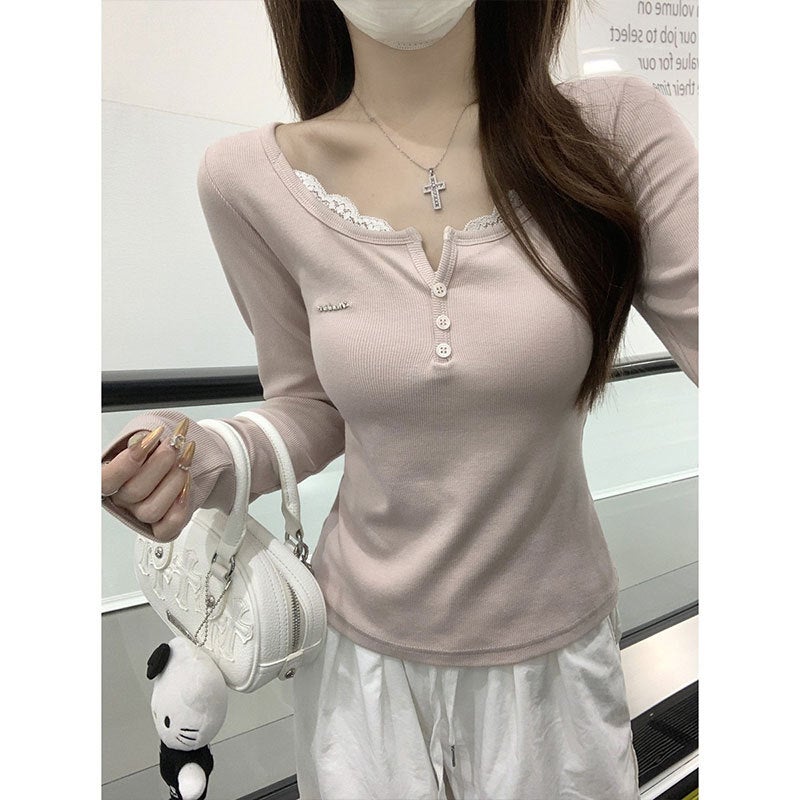 Morning Collar [Original Good Fabric] Pure Wind Lace Shoulder Long Sleeve T-Shirt Women'S Early Autumn New Slim Fit - Image 4
