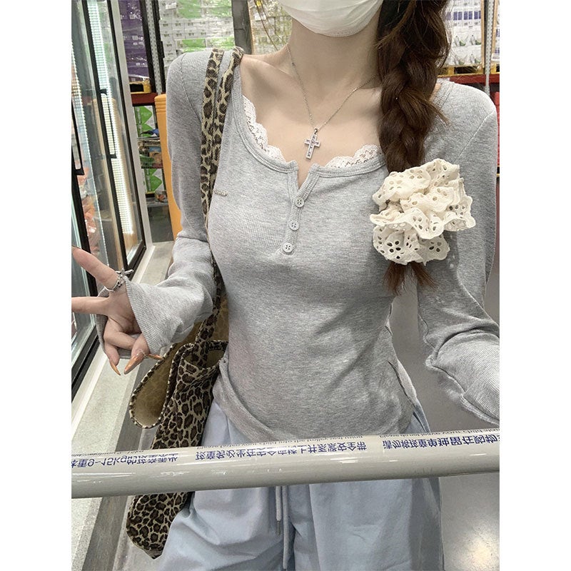 Morning Collar [Original Good Fabric] Pure Wind Lace Shoulder Long Sleeve T-Shirt Women'S Early Autumn New Slim Fit - Image 5