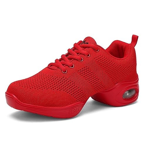 SECHRITE Dance Sneakers for Women, Women's Jazz Shoes Lace-up Split Sole Dance Sneakers Breathable Air Cushion Dance Dancing Shoes Hip Hop Athletic Walking Red 38 - Image 1