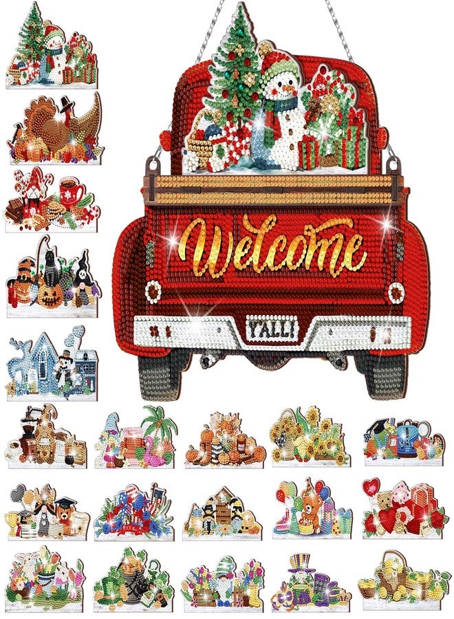 Burbell 21 Pcs Interchangeable Diamond Painting Welcome Sign for Front Door Diamond Painting Truck Decor Interchangeable Seasonal Welcome Sign for DIY Art Kit Wall Window Door Farmhouse(Red) - Image 1