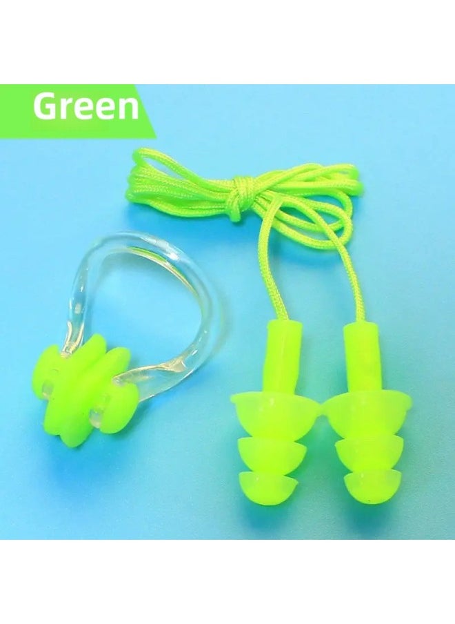 Generic Silicone Swimming Special Nose Clip Silicone Anti-soft Nose Diving Swimming Adults And Children Universal Anti-choking Nasal Plug-Colour:Green Anti-falling Corded Earplugs + Nose Clip - One Set  - Image 1