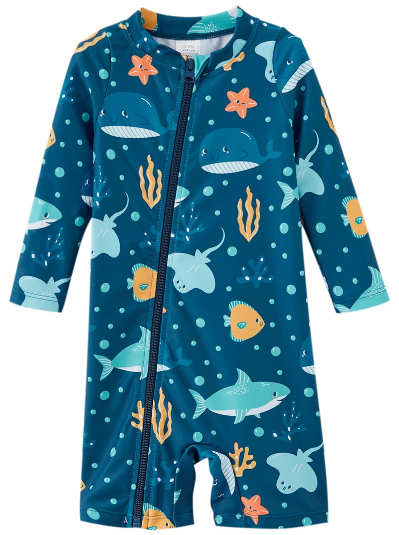 UMELOK Toddler Boy Swimsuit Baby Rash Guard Swimwear Rashguard UPF 50+ Sun Protection Bathing Suit Sunsuit Navy Blue, Marine animals-18-24M - Image 1