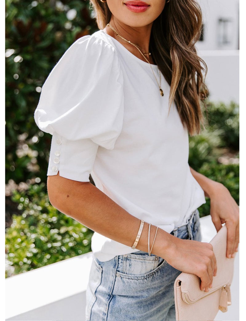 DOROSE Womens Tops White Blouse for Women Short Sleeve Shirts Trendy 2025 Puff Sleeve Summer White XXL - Image 2