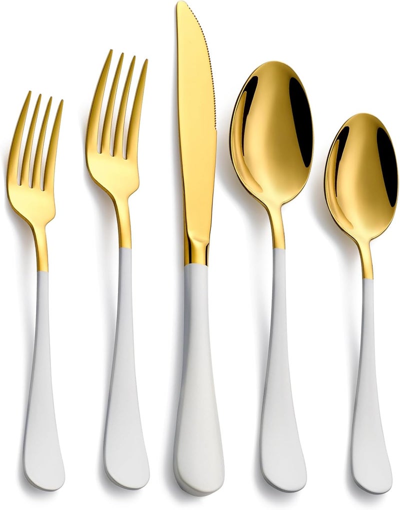 Moxinox 20-Piece White & Gold Silverware Set, 18/0 Stainless Steel Colorful Handle Flatware Set,Service for 4,Modern Cutlery Set Includes Dinner Knives Forks Spoons,Mirror Polished,Dishwasher Safe - Image 1