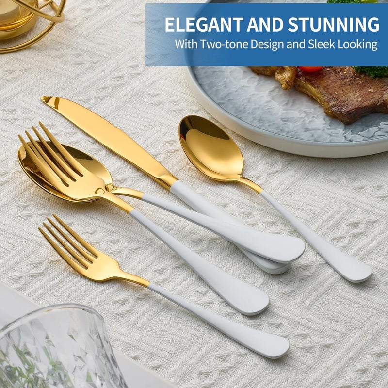 Moxinox 20-Piece White & Gold Silverware Set, 18/0 Stainless Steel Colorful Handle Flatware Set,Service for 4,Modern Cutlery Set Includes Dinner Knives Forks Spoons,Mirror Polished,Dishwasher Safe - Image 3