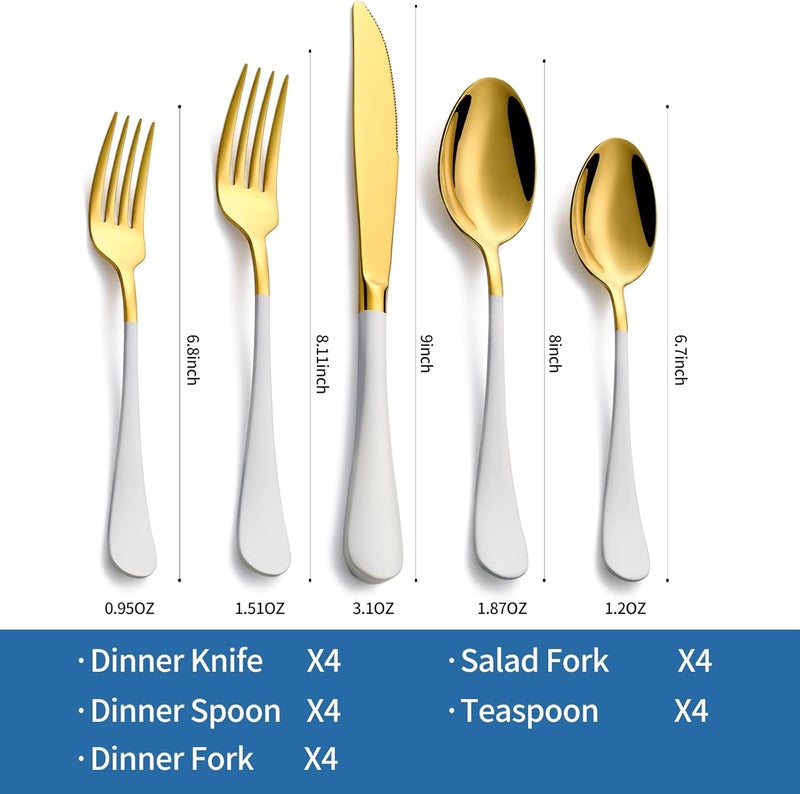 Moxinox 20-Piece White & Gold Silverware Set, 18/0 Stainless Steel Colorful Handle Flatware Set,Service for 4,Modern Cutlery Set Includes Dinner Knives Forks Spoons,Mirror Polished,Dishwasher Safe - Image 2