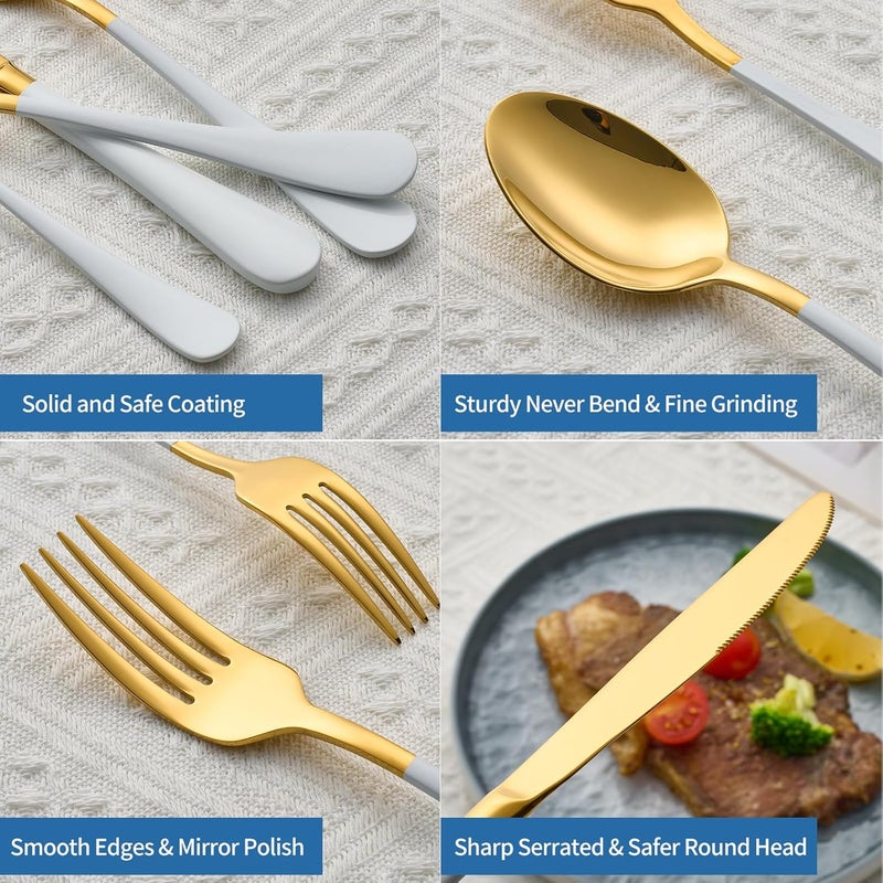 Moxinox 20-Piece White & Gold Silverware Set, 18/0 Stainless Steel Colorful Handle Flatware Set,Service for 4,Modern Cutlery Set Includes Dinner Knives Forks Spoons,Mirror Polished,Dishwasher Safe - Image 5