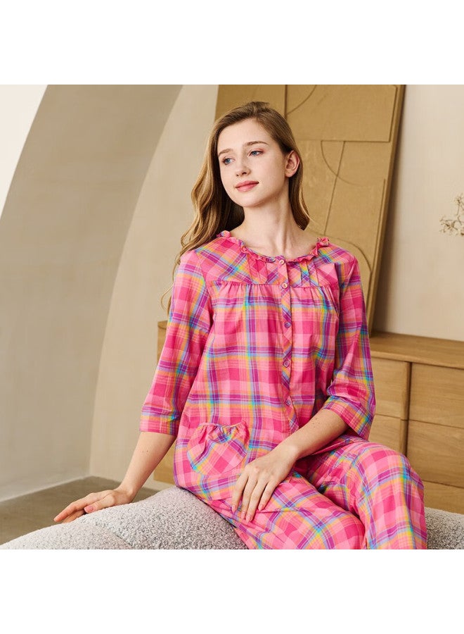 MEIBIAO American Standard 100% Cotton Spring Autumn Three-quarter Sleeve Pure Cotton Plaid Pajamas Women's Homewear Valentine's Day Gift For Wife Rose Red 2XL - Image 2