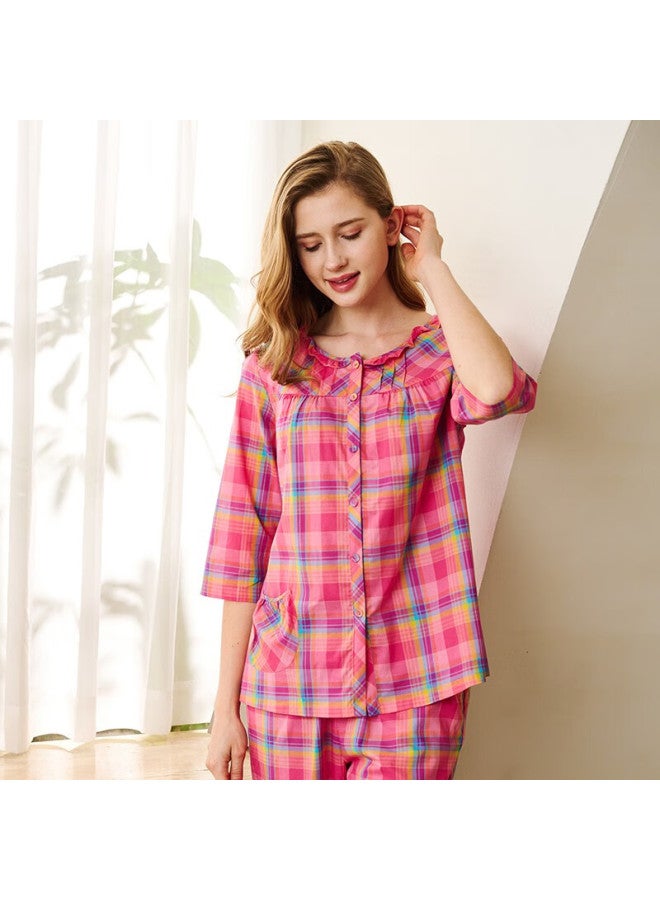 MEIBIAO American Standard 100% Cotton Spring Autumn Three-quarter Sleeve Pure Cotton Plaid Pajamas Women's Homewear Valentine's Day Gift For Wife Rose Red 2XL - Image 3