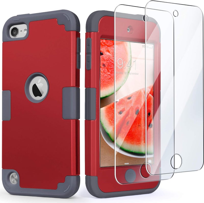 IDweel for iPod Touch Case with 2 Screen Protectors, 3 in 1 Hard PC Case + Silicone Shockproof for Kids Heavy Duty Hard Case Cover for iPod Touch 7th/6th/5th Generation,Red+Gray - Image 1
