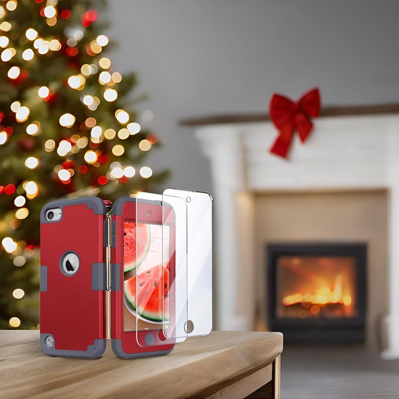 IDweel for iPod Touch Case with 2 Screen Protectors, 3 in 1 Hard PC Case + Silicone Shockproof for Kids Heavy Duty Hard Case Cover for iPod Touch 7th/6th/5th Generation,Red+Gray - Image 2
