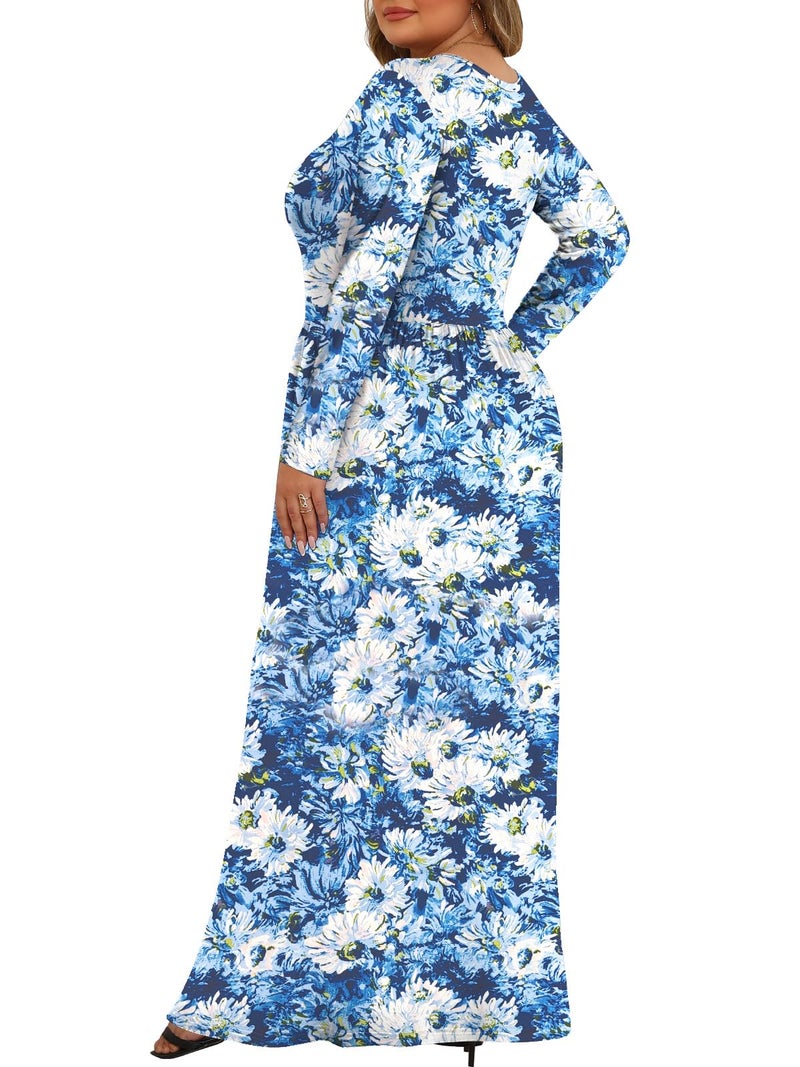 Tencede Womens Plus Size Maxi Dresses Long Sleeve with Pockets Casual Long Dress White Chrysanthemum 2X - Image 4