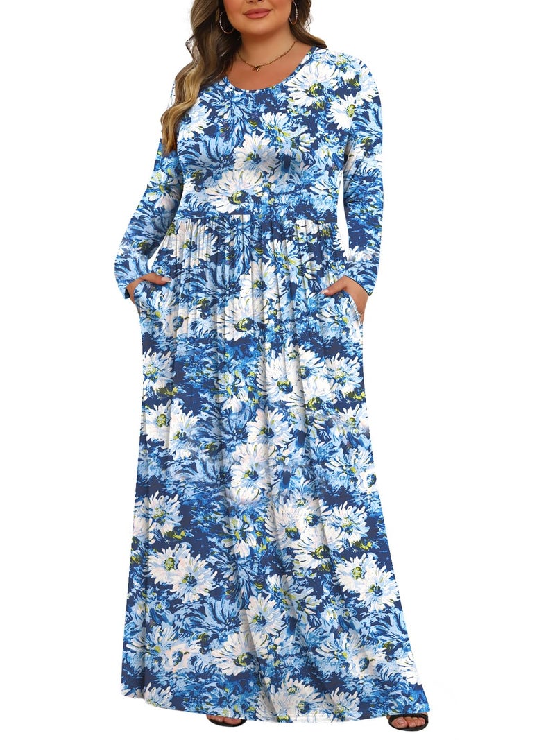 Tencede Womens Plus Size Maxi Dresses Long Sleeve with Pockets Casual Long Dress White Chrysanthemum 2X - Image 1