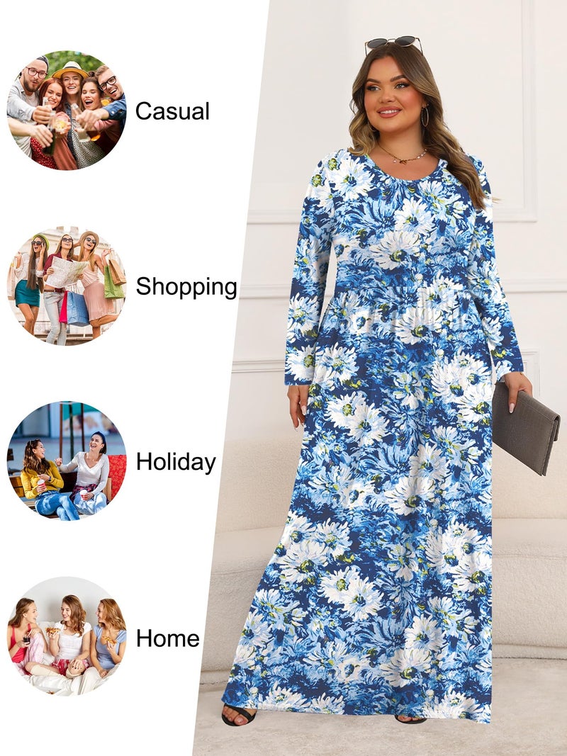 Tencede Womens Plus Size Maxi Dresses Long Sleeve with Pockets Casual Long Dress White Chrysanthemum 2X - Image 5