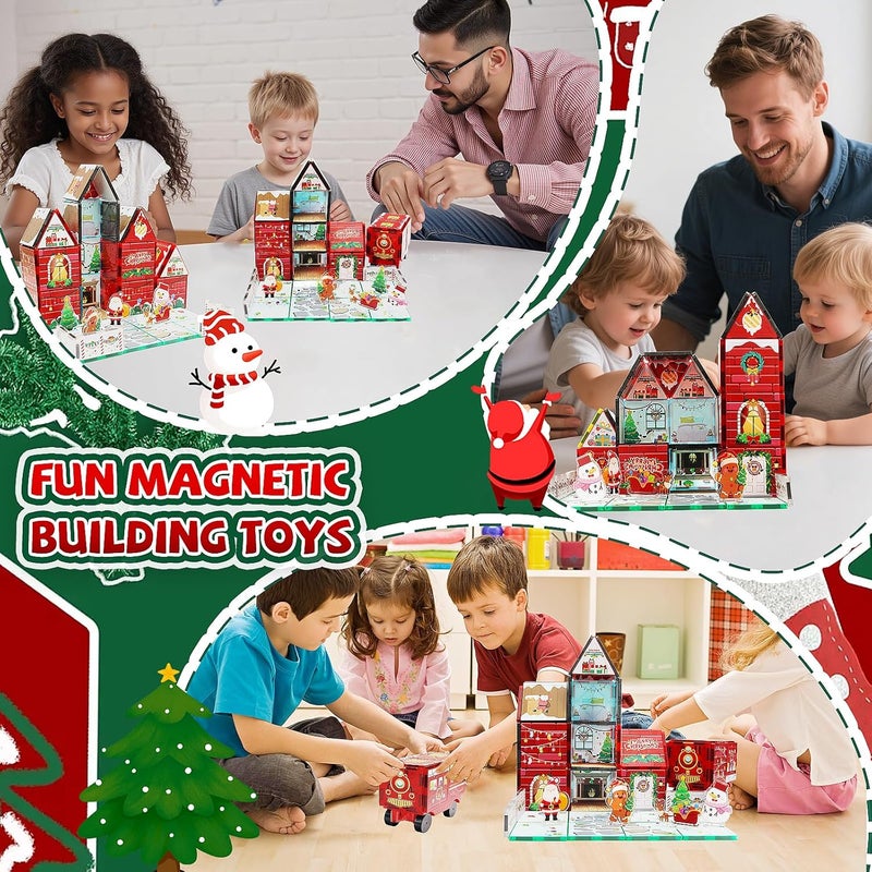 MAYAPHILOS 61 PCS Christmas Magnetic Tiles with Storage Bag, Building Blocks with Santa, Snowman, Deer, Gingerbread Magnet Construction Set Christmas House for Kids - Image 4