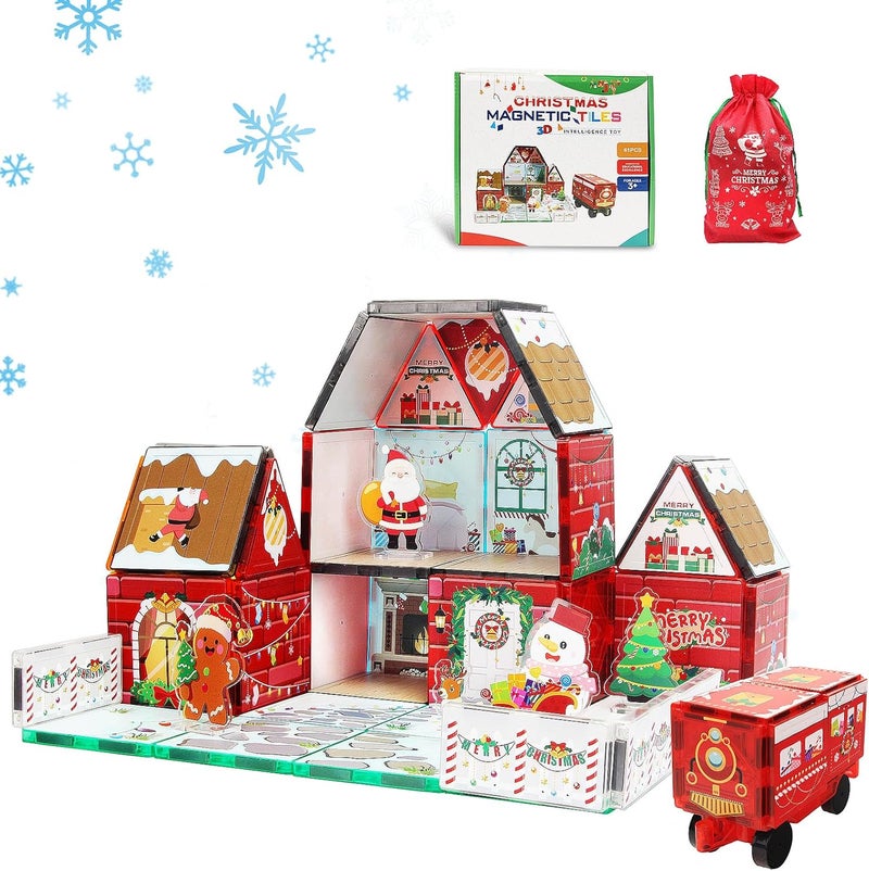 MAYAPHILOS 61 PCS Christmas Magnetic Tiles with Storage Bag, Building Blocks with Santa, Snowman, Deer, Gingerbread Magnet Construction Set Christmas House for Kids - Image 1
