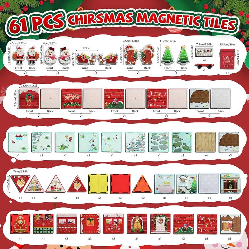 MAYAPHILOS 61 PCS Christmas Magnetic Tiles with Storage Bag, Building Blocks with Santa, Snowman, Deer, Gingerbread Magnet Construction Set Christmas House for Kids - Image 3