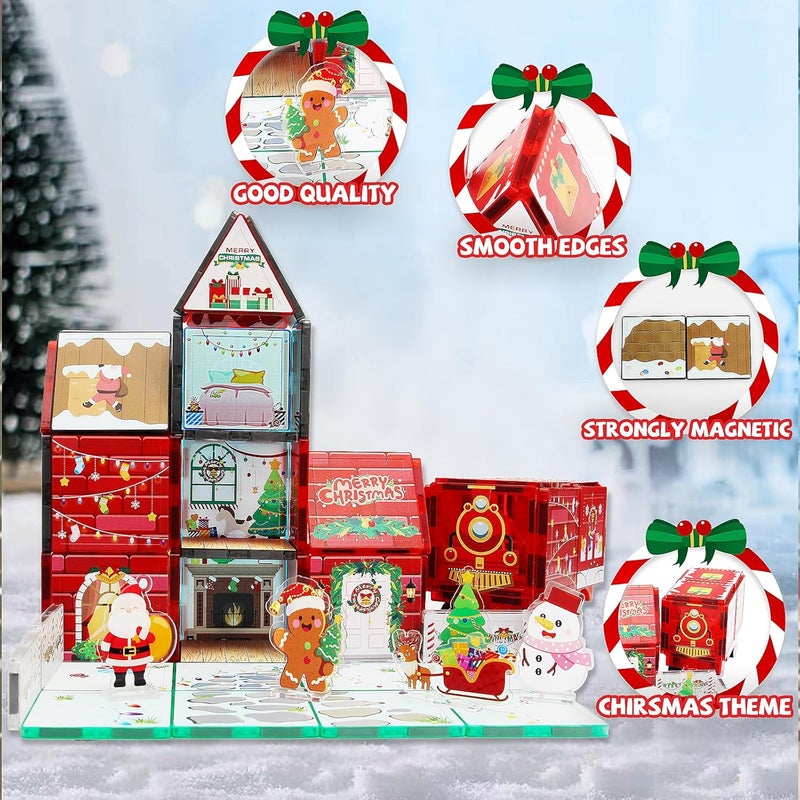MAYAPHILOS 61 PCS Christmas Magnetic Tiles with Storage Bag, Building Blocks with Santa, Snowman, Deer, Gingerbread Magnet Construction Set Christmas House for Kids - Image 5