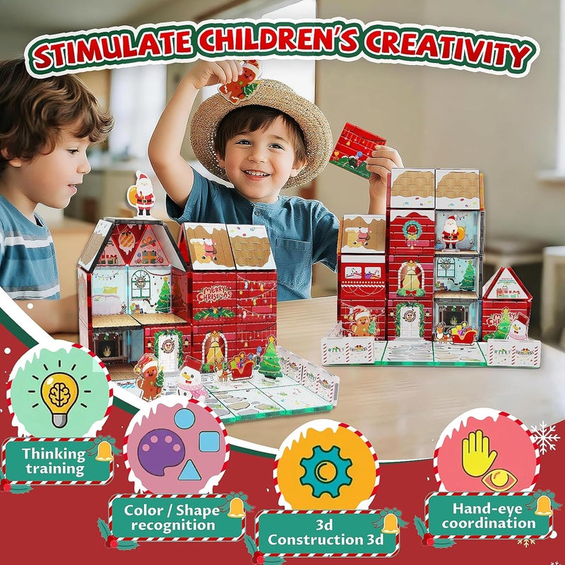 MAYAPHILOS 61 PCS Christmas Magnetic Tiles with Storage Bag, Building Blocks with Santa, Snowman, Deer, Gingerbread Magnet Construction Set Christmas House for Kids - Image 2