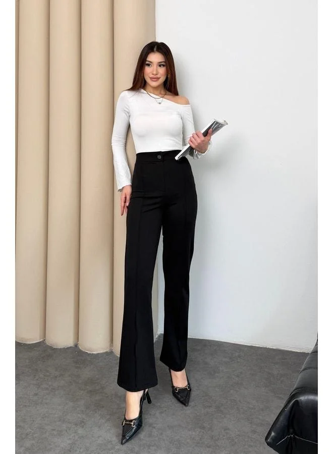 Mmetalic Women's High-Waist Buttoned Zipper Stretch Plain Comfortable Ribbed 2-Pair Palazzo Pants