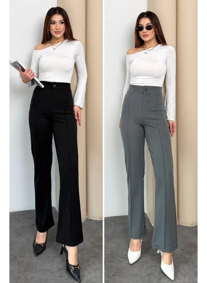 Mmetalic Women's High-Waist Buttoned Zipper Stretch Plain Comfortable Ribbed 2-Pair Palazzo Pants