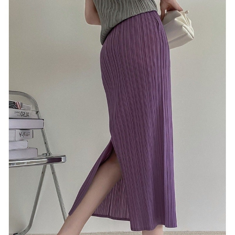 Miyake Pleated Skirt Woman 2024 Autumn Sweater Pair Mid-Length Slit Straight Skirt Taro purple skirt