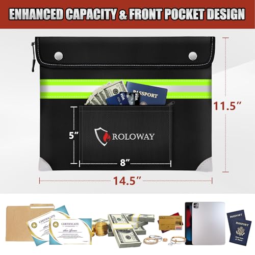 ROLOWAY Upgraded Fireproof Document Bag (14.5 x 11.5 inch) with 6400℉ Aluminum Foil Layer, Fireproof Safe Bag for Documents with Front Pocket and Reflective Strip - Image 4