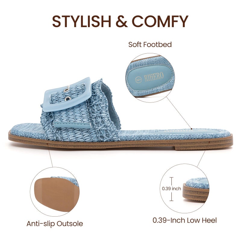 Rihero Womens Flat Sandals Raffia Slip On Beach Slides Square Open Toe Comfortable Summer Buckle Woven Blue Slide Sandals Blue Size 7.5 - Image 4