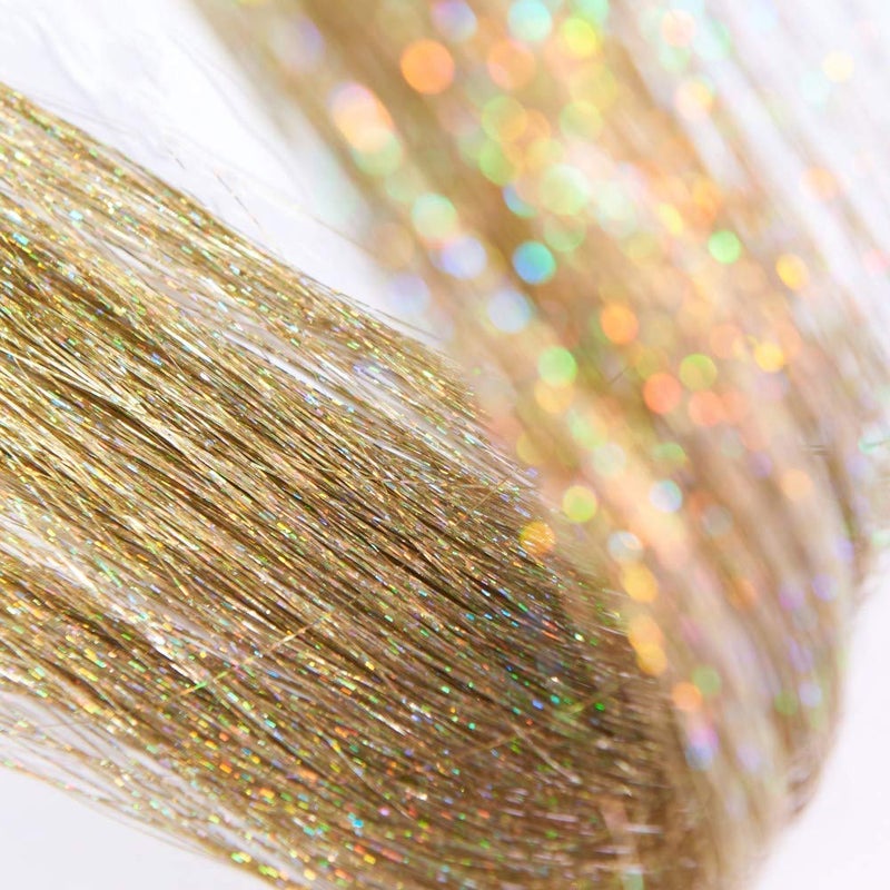 Dansee 48 Hair Tinsel 750 Strands Kit Sparkling Silk Fairy Hair Shiny Hair Flairs Extensions Party Highlights Hair Dazzle Glitter Extensions Bling Synthetic Hairpieces Set Gold