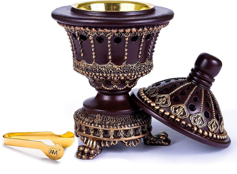 AM Charcoal Incense Cone Burner â€“ Resin & Charcoal Holder for Bakhoor â€“ Decorative Mabkhara Style Aroma Diffuser for Home, Office, Relaxation Spaces â€“ Complete Set with Tongs (Brown) - Image 2
