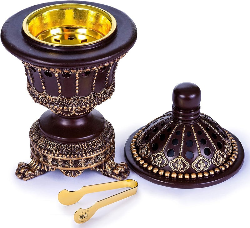 AM Charcoal Incense Cone Burner â€“ Resin & Charcoal Holder for Bakhoor â€“ Decorative Mabkhara Style Aroma Diffuser for Home, Office, Relaxation Spaces â€“ Complete Set with Tongs (Brown) - Image 5