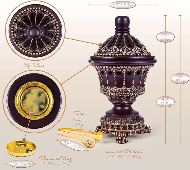 AM Charcoal Incense Cone Burner â€“ Resin & Charcoal Holder for Bakhoor â€“ Decorative Mabkhara Style Aroma Diffuser for Home, Office, Relaxation Spaces â€“ Complete Set with Tongs (Brown) - Image 3