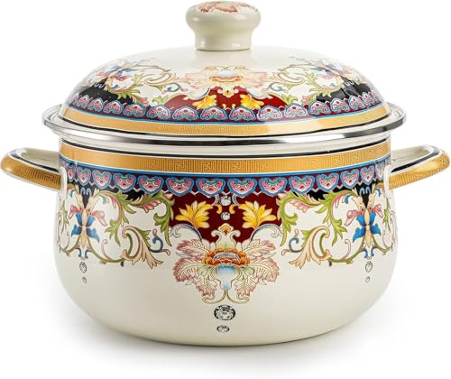 OLYTARU Retro Flower Enamel Stockpot with Lid,Stockpots for Cooking,Vintage Floral Stew Bean Simmer Pot with Handle, Kitchen Soup Pot, Safe for Induction Cookers, Gas Stove(Ivory-2.5QT) - Image 1