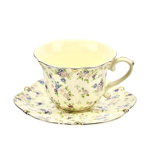 TATSUMI Country Roses Bone China Tea Cup and Saucer Set 3 Pieces Vintage Style For Women and Tea Partiesyellow1 Set