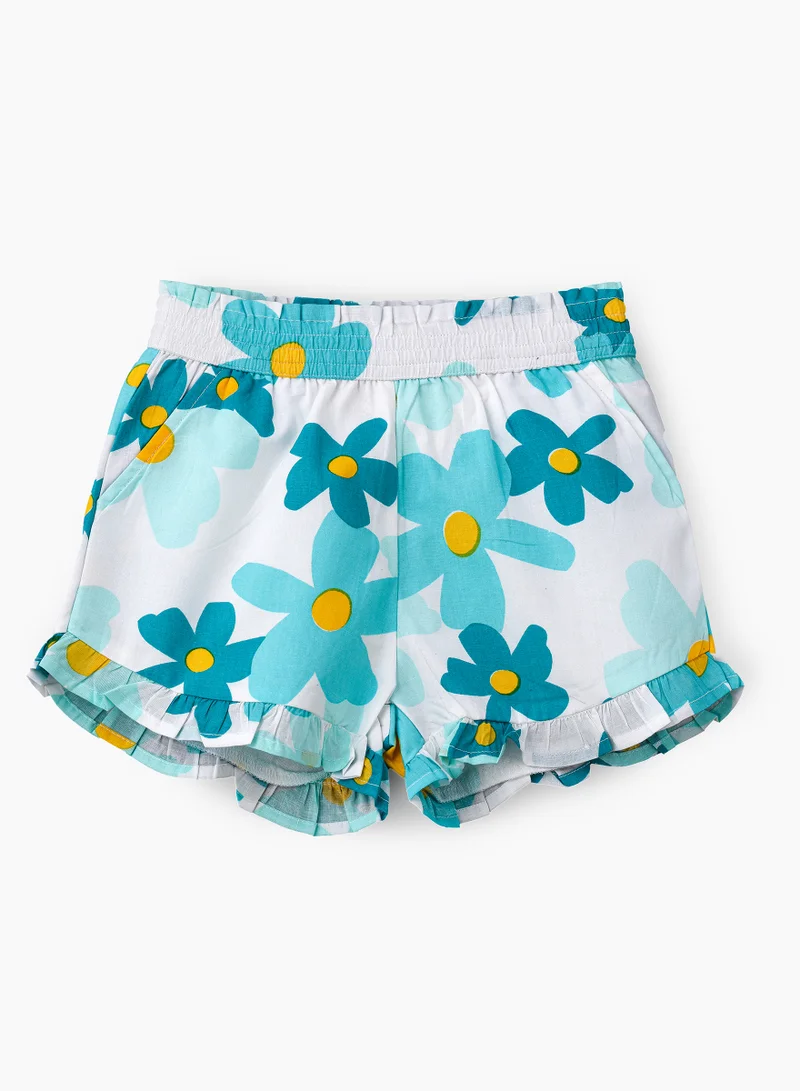 جيلين Girls' Floral Print Cotton Shorts with Ruffle Hem