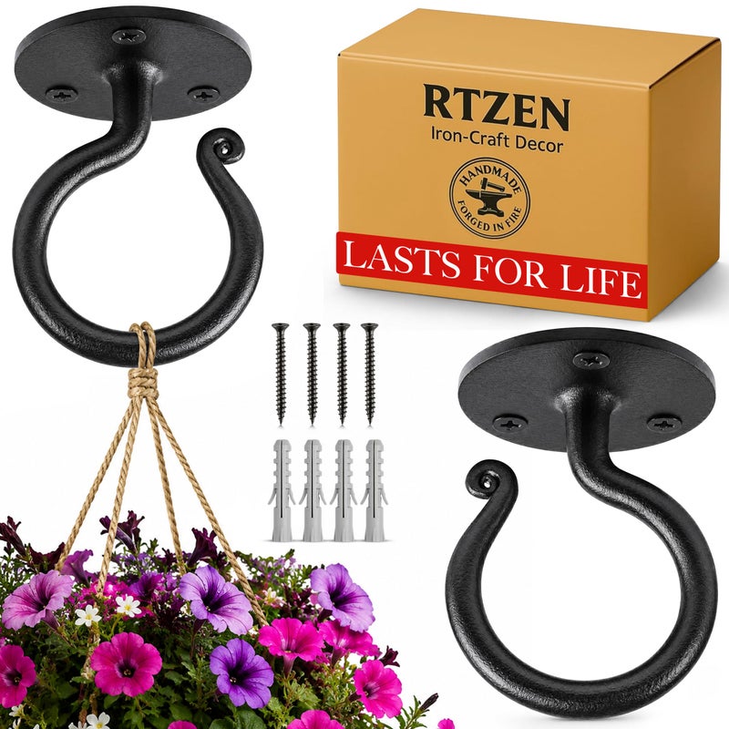 RTZEN Plant Hangers Outdoor or Indoor Wrought Iron Metal Hanger Indoor Hook Heavy Duty Wall Bracket Hooks for Hanging Plants Baskets Lanterns Bird Feeders 2 Pack Black Ceiling Hooks 31 - Image 2