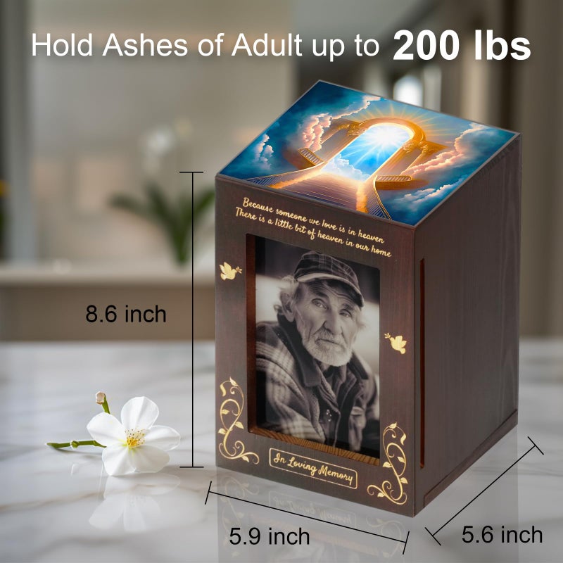 CHIEMOT - Wooden Cremation Urns with Photo Frame for Human Ashes Adult Female Male, Wood Urns Box and Casket, Decorative Urn with picture for Adults Up to 200 lbs (Large, Stairway to Heaven) - Image 4