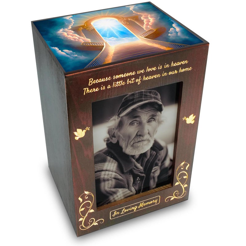 CHIEMOT - Wooden Cremation Urns with Photo Frame for Human Ashes Adult Female Male, Wood Urns Box and Casket, Decorative Urn with picture for Adults Up to 200 lbs (Large, Stairway to Heaven) - Image 1