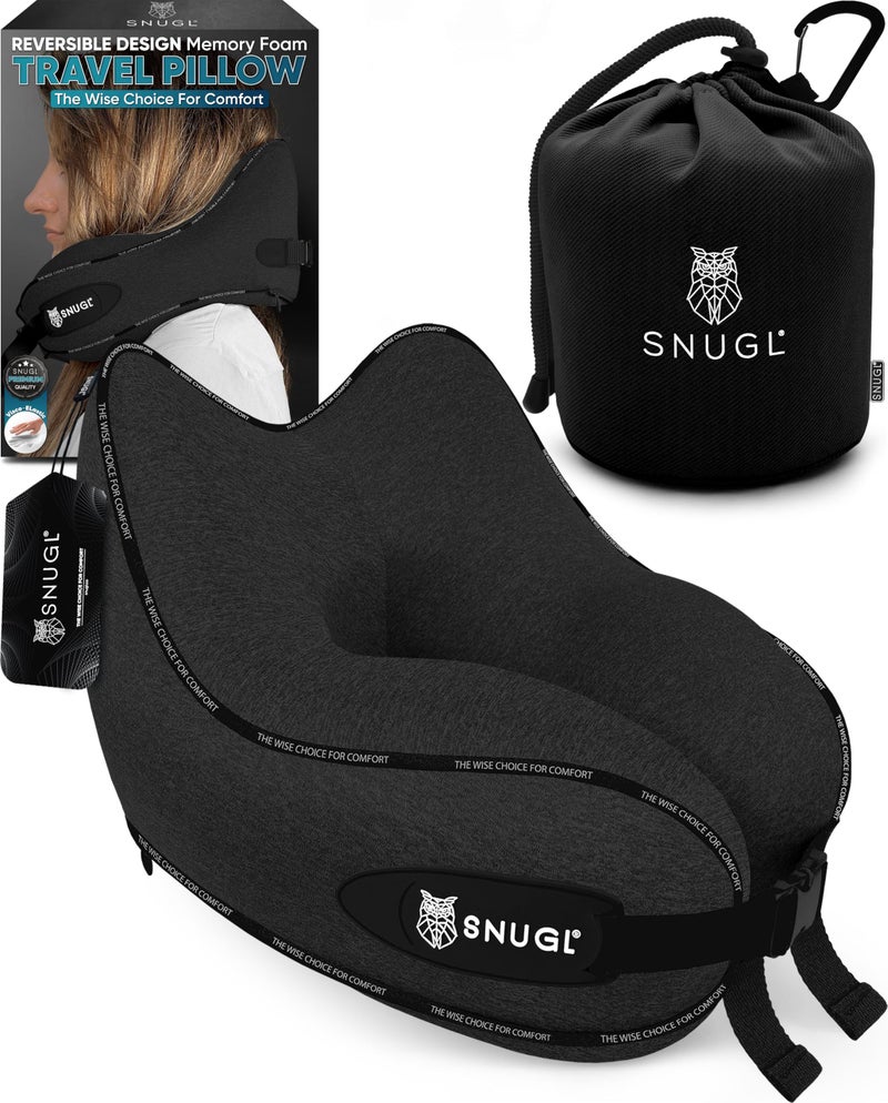 SNUGL Travel Pillow  Memory Foam Pillows  Neck Pillow for Airplane with Carry Bag  Clip  Neck Support Pillows for Pain Relief  Airplane Travel Essentials Adult Small  Black