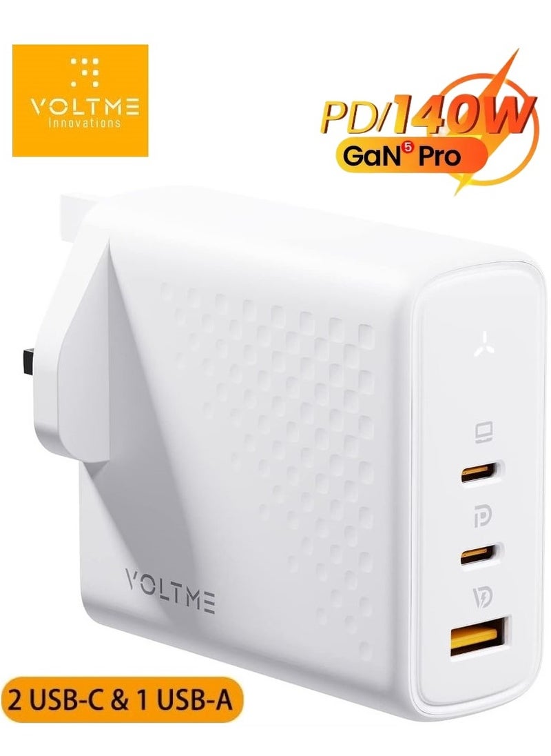 VOLTME 140W USB-C Charger, 3-Port GaN Laptop Charger, Type-C Travel Wall Charger with PD3.1 PPS, Built-in Fast Power Adapter, Super Fast Charging for MacBook Pro/Air, Chromebook, iPad Pro, iPhone 16/15/14, AirPods, Google Pixelbook, ThinkPad, Galaxy S24/S23/S22, Steam Deck, Dell, HP and More, High Power Type-C Adapter for All Devices (White)  - Image 1