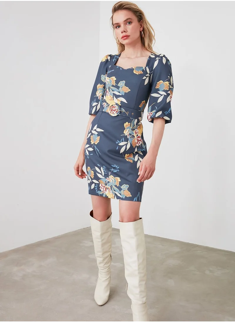 trendyol Puff Sleeve Floral Print Dress