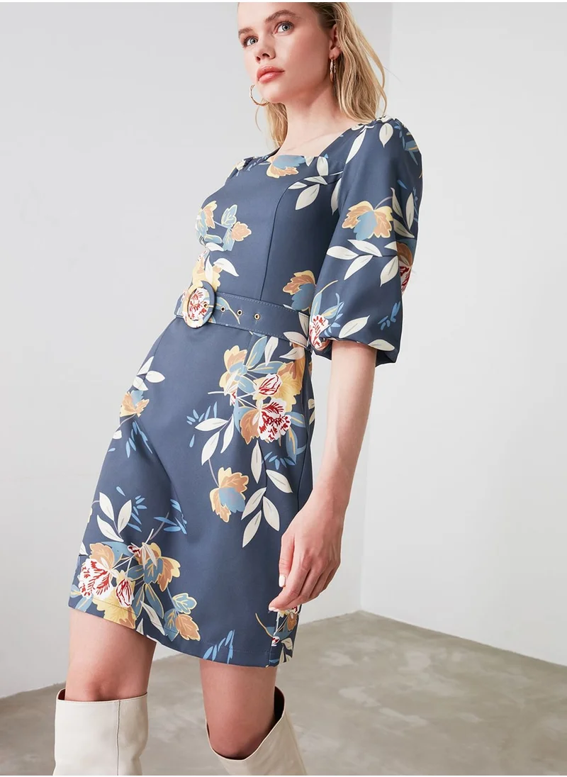 trendyol Puff Sleeve Floral Print Dress